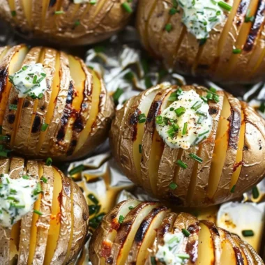 Delicious Grilled Hasselback Potatoes topped with chive butter on a plate