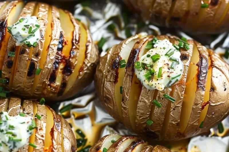 Delicious Grilled Hasselback Potatoes topped with chive butter on a plate