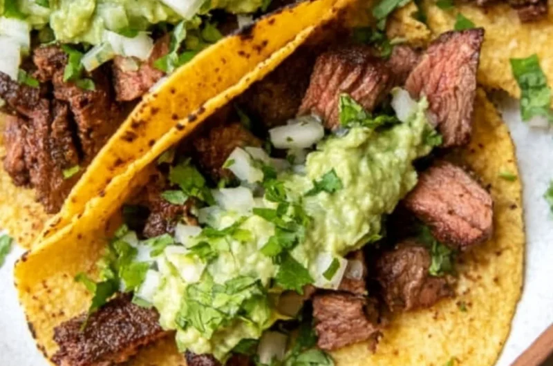 Grilled steak tacos served with avocado salsa in a vibrant setting