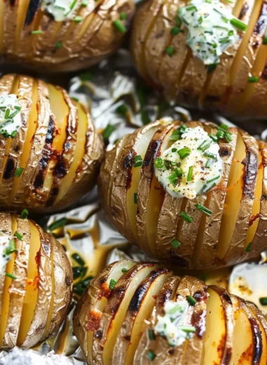 Hasselback potatoes with melted chive butter served on a plate