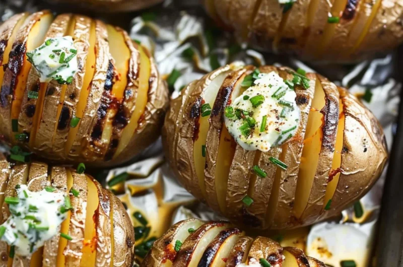 Hasselback potatoes with melted chive butter served on a plate