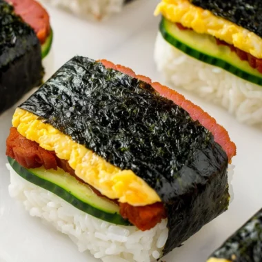 Hawaiian Spam Musubi made with rice and Spam, a tasty Hawaiian snack.