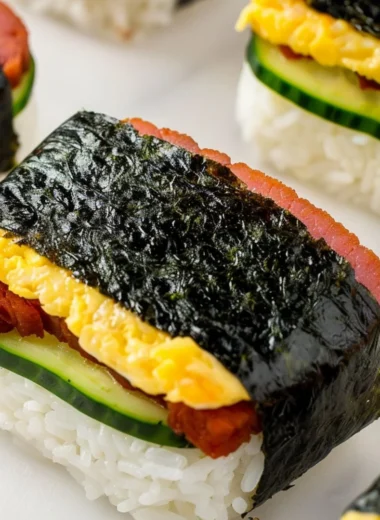 Hawaiian Spam Musubi made with rice and Spam, a tasty Hawaiian snack.