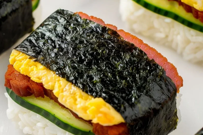Hawaiian Spam Musubi made with rice and Spam, a tasty Hawaiian snack.