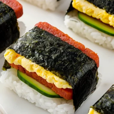 Hawaiian Spam Rice Ball featuring rice, seaweed, and savory spam.