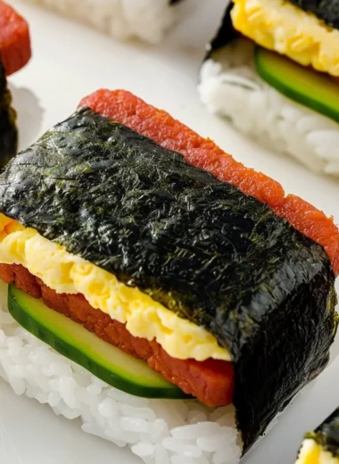 Hawaiian Spam Rice Ball featuring rice, seaweed, and savory spam.
