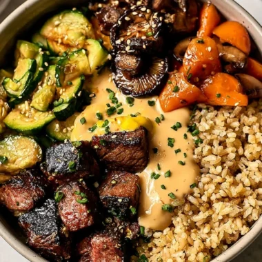Delicious Hibachi Steak Bowl with grilled steak, rice, and fresh vegetables