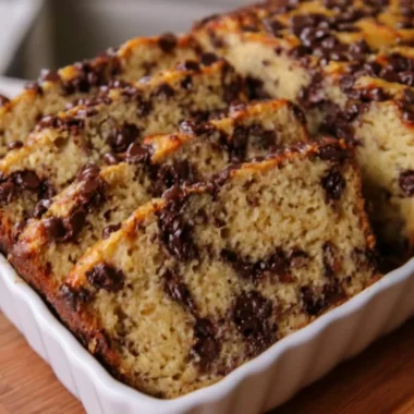 High protein Greek yogurt banana bread with chocolate chips on a rustic table