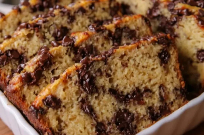 High protein Greek yogurt banana bread with chocolate chips on a rustic table