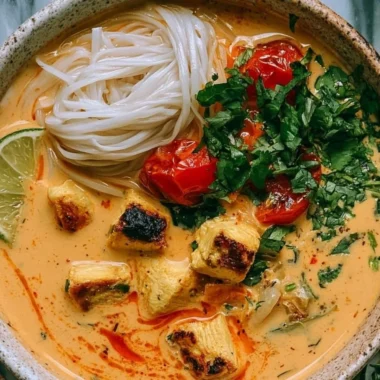 Bowl of high protein lasagna soup topped with cheese and herbs