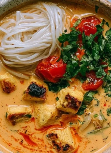 Bowl of high protein lasagna soup topped with cheese and herbs