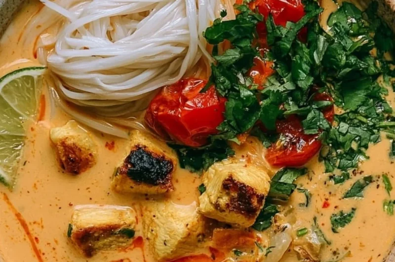 Bowl of high protein lasagna soup topped with cheese and herbs