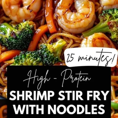 High-protein shrimp stir fry with colorful vegetables in a one-pan meal