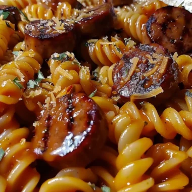 Delicious honey BBQ sausage pasta served on a plate with fresh herbs and spices.