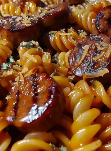 Delicious honey BBQ sausage pasta served on a plate with fresh herbs and spices.