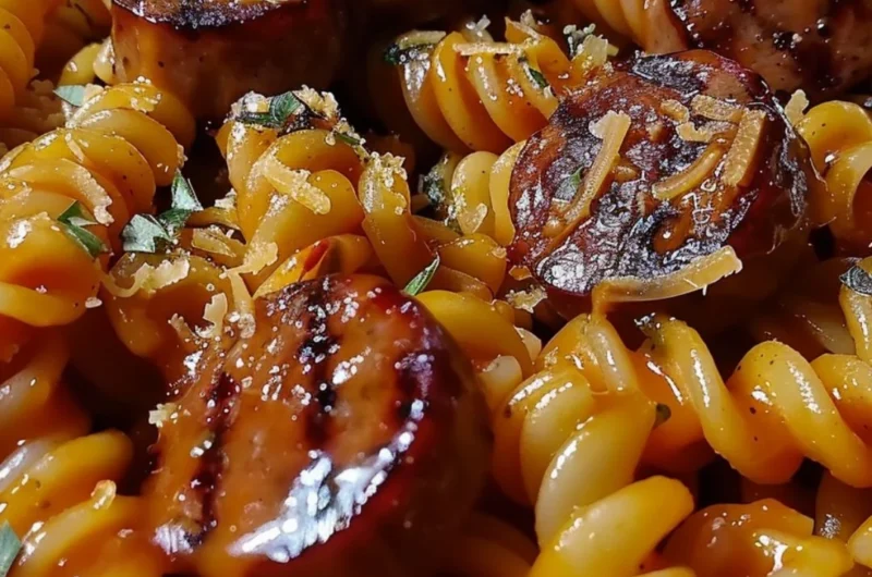 Delicious honey BBQ sausage pasta served on a plate with fresh herbs and spices.