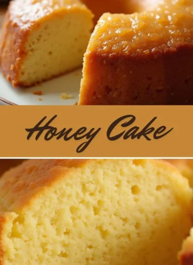 Homemade honey cake topped with honey drizzles and nuts, showcasing its deliciousness.