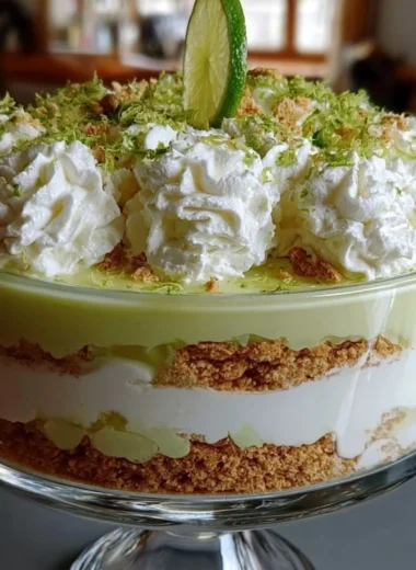 Delicious Key Lime Pie Trifle layered in a glass dish