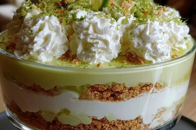 Delicious Key Lime Pie Trifle layered in a glass dish