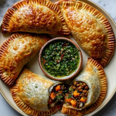 Lentil and veggie vegan empanadas with chimichurri sauce on a plate.