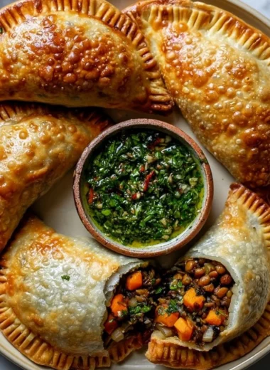 Lentil and veggie vegan empanadas with chimichurri sauce on a plate.