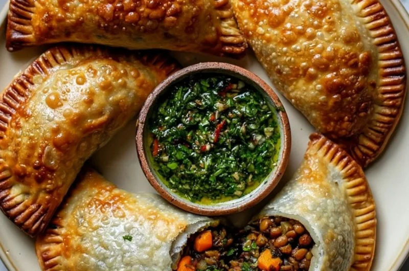 Lentil and veggie vegan empanadas with chimichurri sauce on a plate.