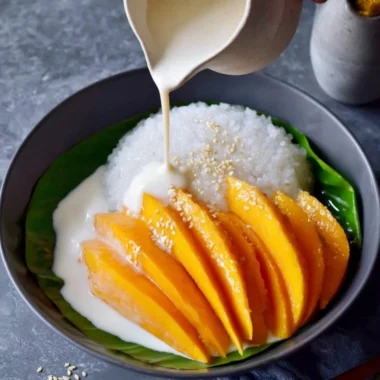 Plate of mango sticky rice topped with ripe mango slices and coconut sauce