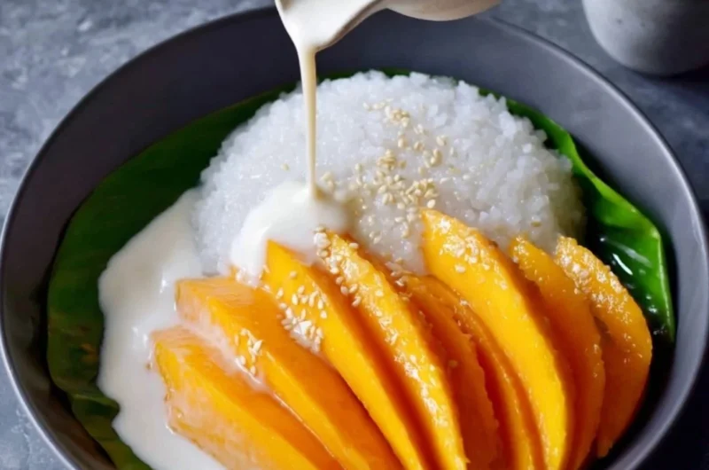 Plate of mango sticky rice topped with ripe mango slices and coconut sauce