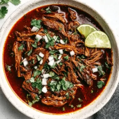 A delicious plate of traditional Mexican beef birria with fresh herbs and spices.