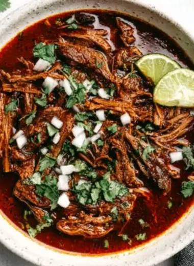 A delicious plate of traditional Mexican beef birria with fresh herbs and spices.
