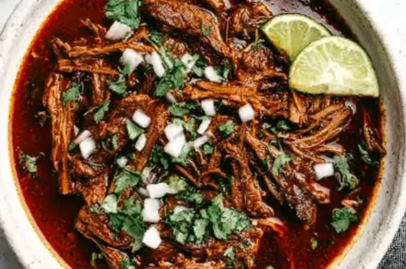 A delicious plate of traditional Mexican beef birria with fresh herbs and spices.
