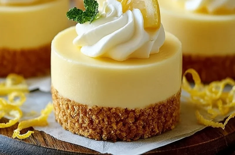 Mini lemon cheesecakes topped with fresh lemon zest and berries