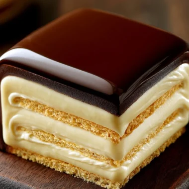 No-bake chocolate eclair cake topped with chocolate glaze and cream filling