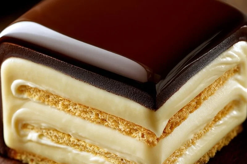 No-bake chocolate eclair cake topped with chocolate glaze and cream filling