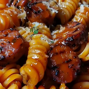 One-pot honey BBQ sausage pasta in a skillet with fresh herbs