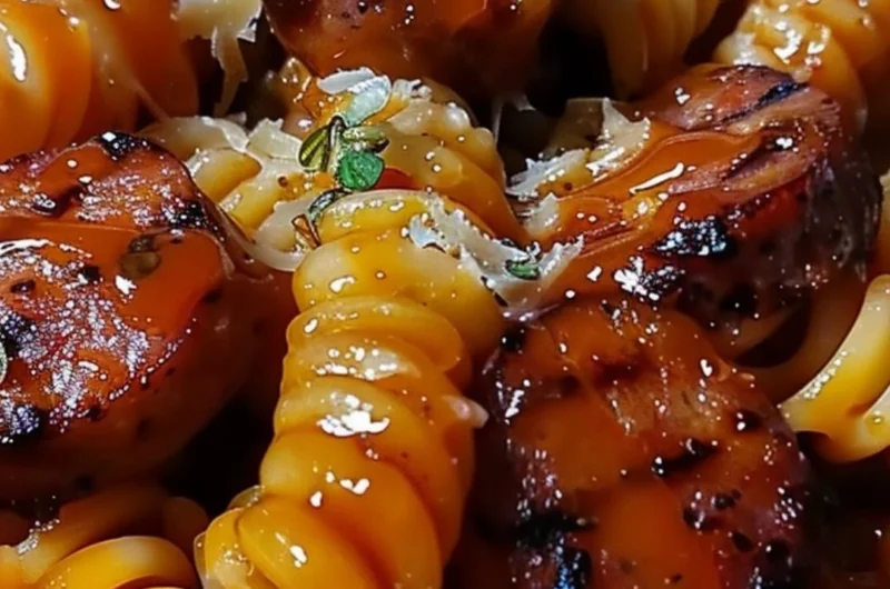 One-pot honey BBQ sausage pasta in a skillet with fresh herbs