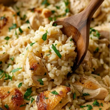 One-Pot Garlic Parmesan Chicken and Rice dish served in a bowl with herbs
