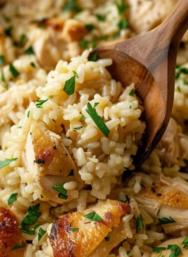 One-Pot Garlic Parmesan Chicken and Rice dish served in a bowl with herbs