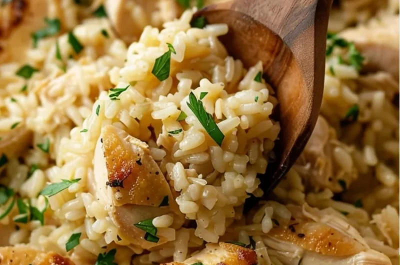 One-Pot Garlic Parmesan Chicken and Rice dish served in a bowl with herbs