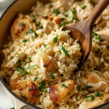 One-Pot Garlic Parmesan Chicken and Rice dish served in a skillet
