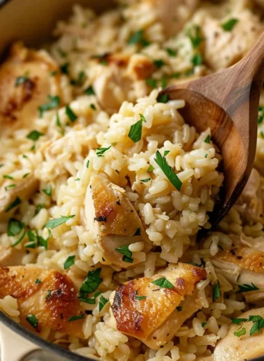 One-Pot Garlic Parmesan Chicken and Rice dish served in a skillet