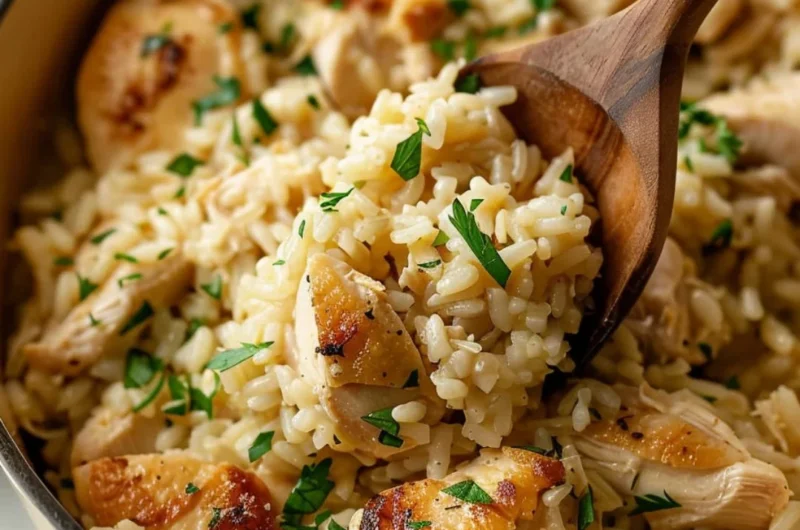 One-Pot Garlic Parmesan Chicken and Rice dish served in a skillet