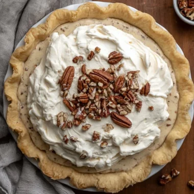 Delicious homemade Pecan Cream Pie topped with whipped cream and pecans