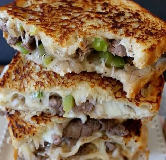 Philly Cheesesteak Grilled Cheese sandwich with melted cheese and beef
