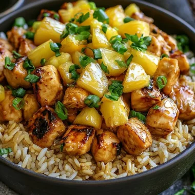 Delicious plate of pineapple chicken and rice, garnished with herbs.