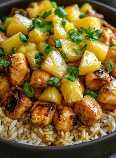 Delicious plate of pineapple chicken and rice, garnished with herbs.