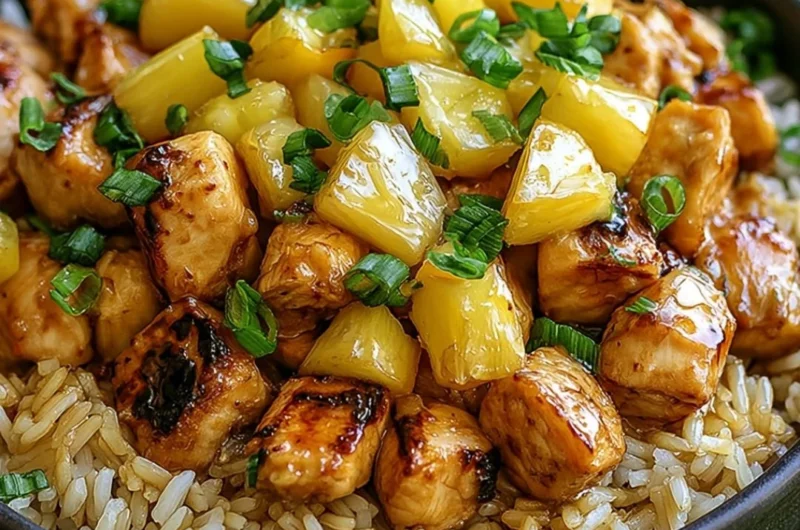 Delicious plate of pineapple chicken and rice, garnished with herbs.