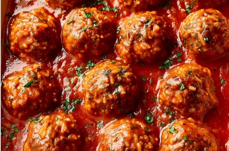 Delicious porcupine meatballs ready to serve with sauce and herbs.