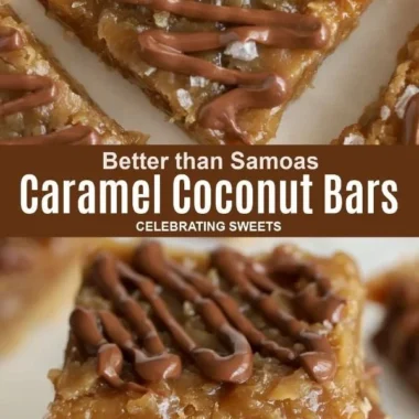 Delicious Samoas Bar Cookies topped with caramel, chocolate, and coconut