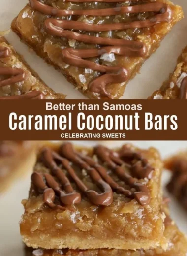 Delicious Samoas Bar Cookies topped with caramel, chocolate, and coconut